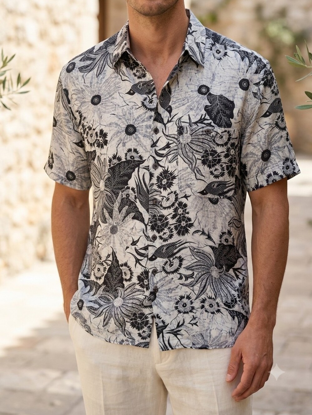 100% Silk Men's Floral Button Down Shirt Black White Casual Size L